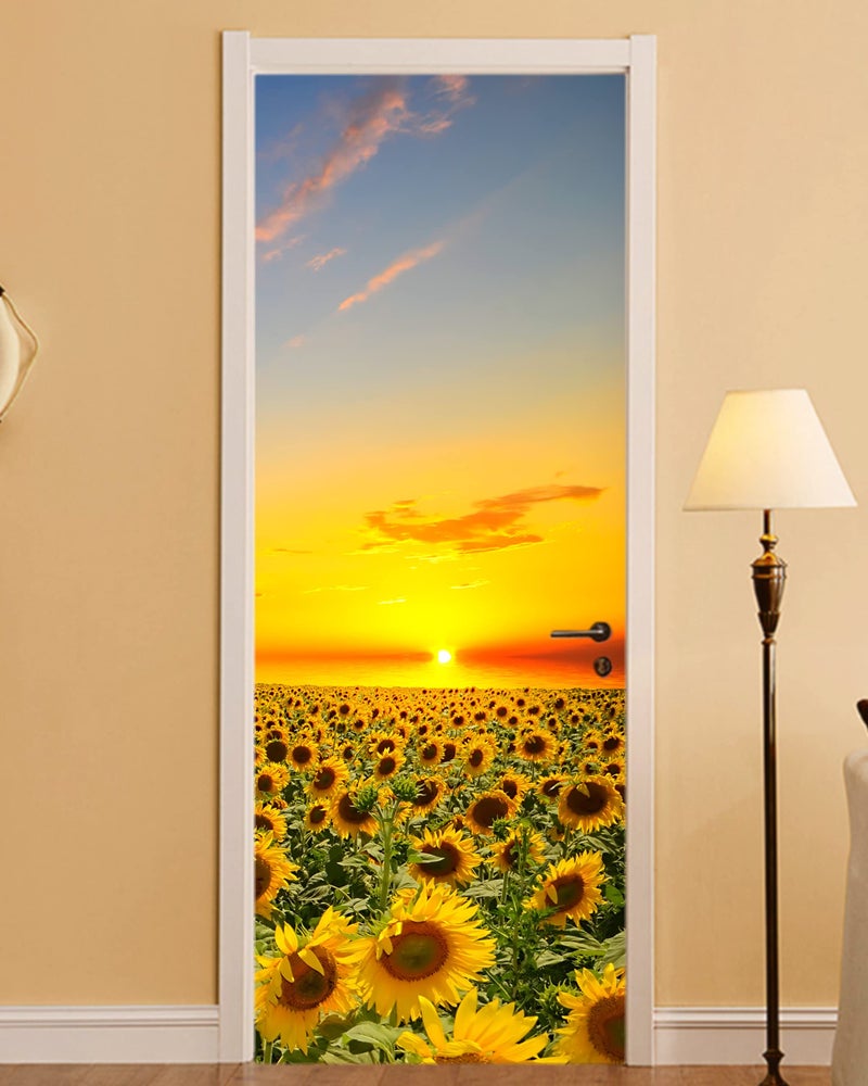 FLFK Sunflower Door Sticker - Door Mural Peel and Stick, Removable Self-Adhesive Door Wallpaper for Home Decor, 30.3 "W x 78.7 "L, Set of 2 Sheets - Image 1